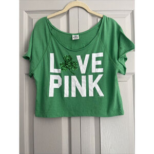 VTG Y2K Victoria's Secret Love Pink Green Irish‎ Kiss Me Sequin Crop Top Size S